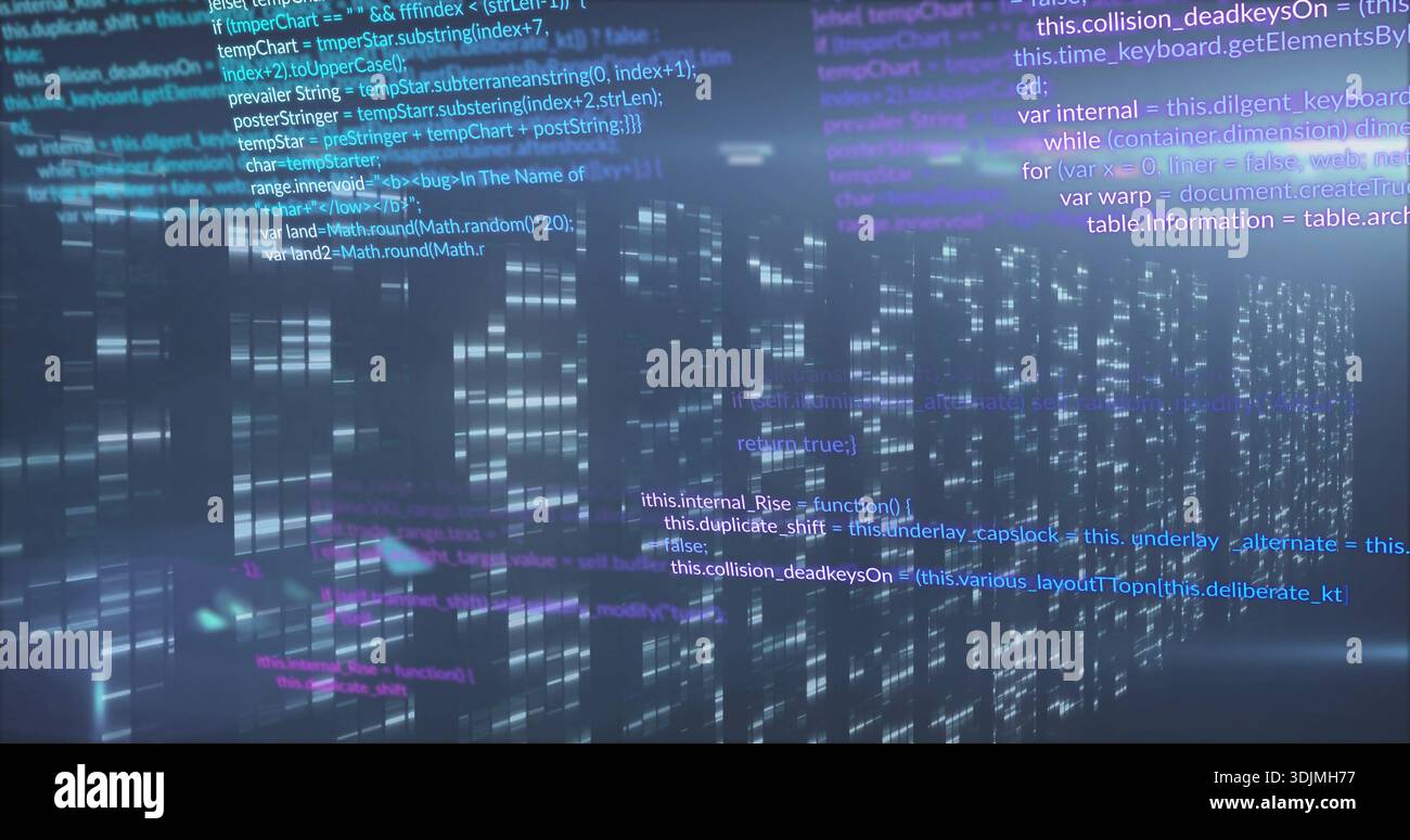 Streaming central data-code columns moving in virtual cyberspace, showing JS-like code lines Stock Photo