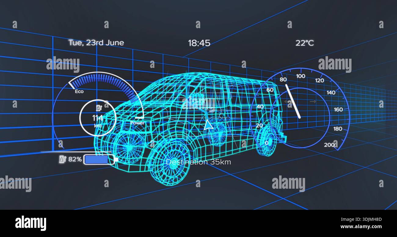 Rotating wireframe SUV model floating in virtual HUD grid, showing speedometer, battery 82% Stock Photo