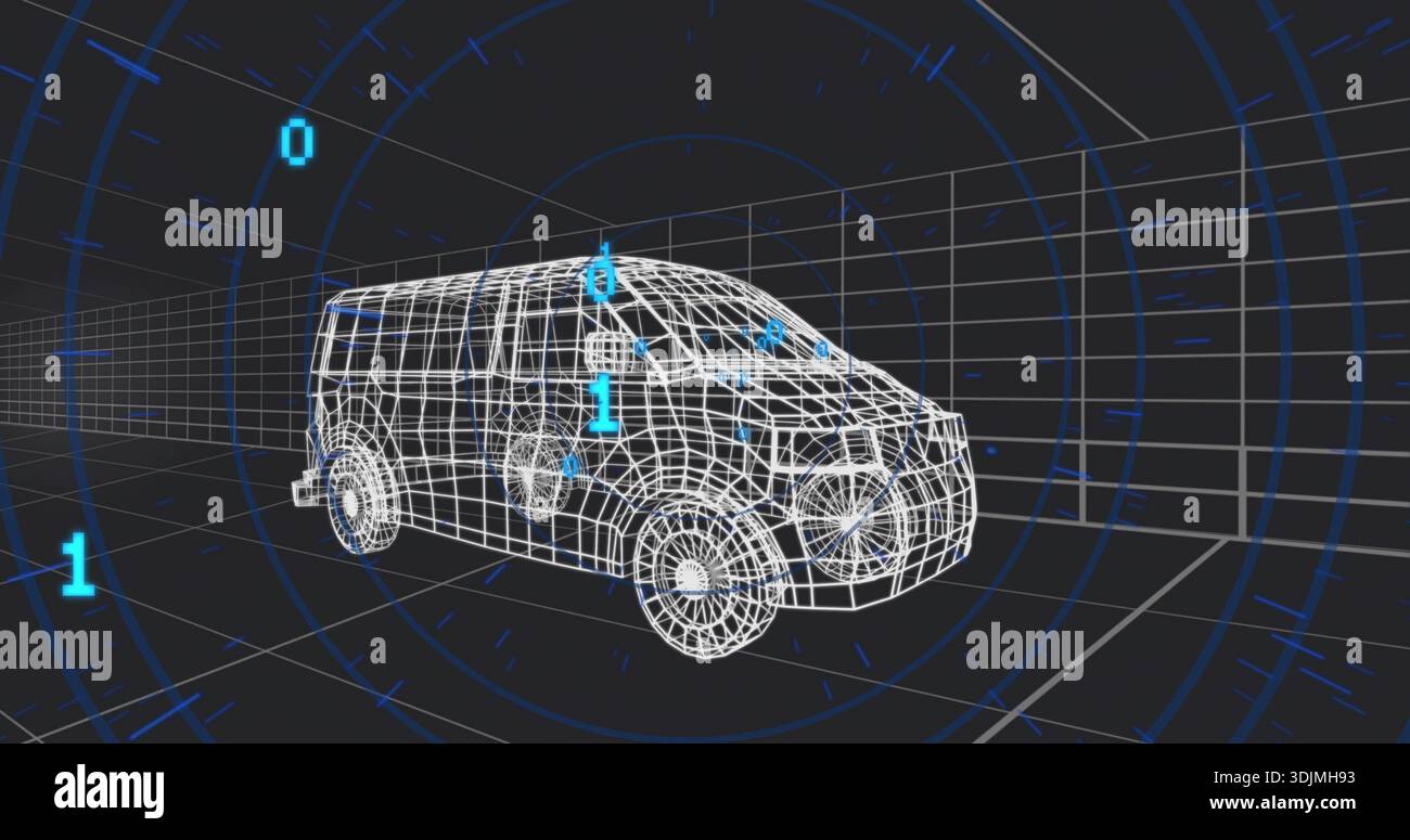 Rendering wireframe cargo van rotating in virtual chamber, showing HUD rings and binary digits Stock Photo