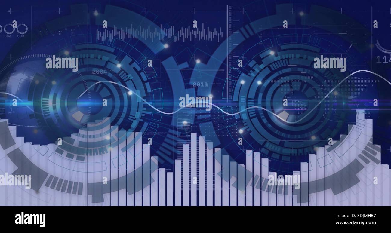 Displaying central data display showing two circular HUDs and glowing waveform on screen with bars Stock Photo