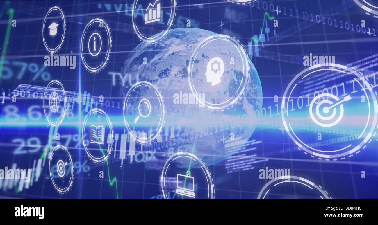 Rotating central digital globe showing candlestick charts and binary code on data grid, with icons Stock Photo