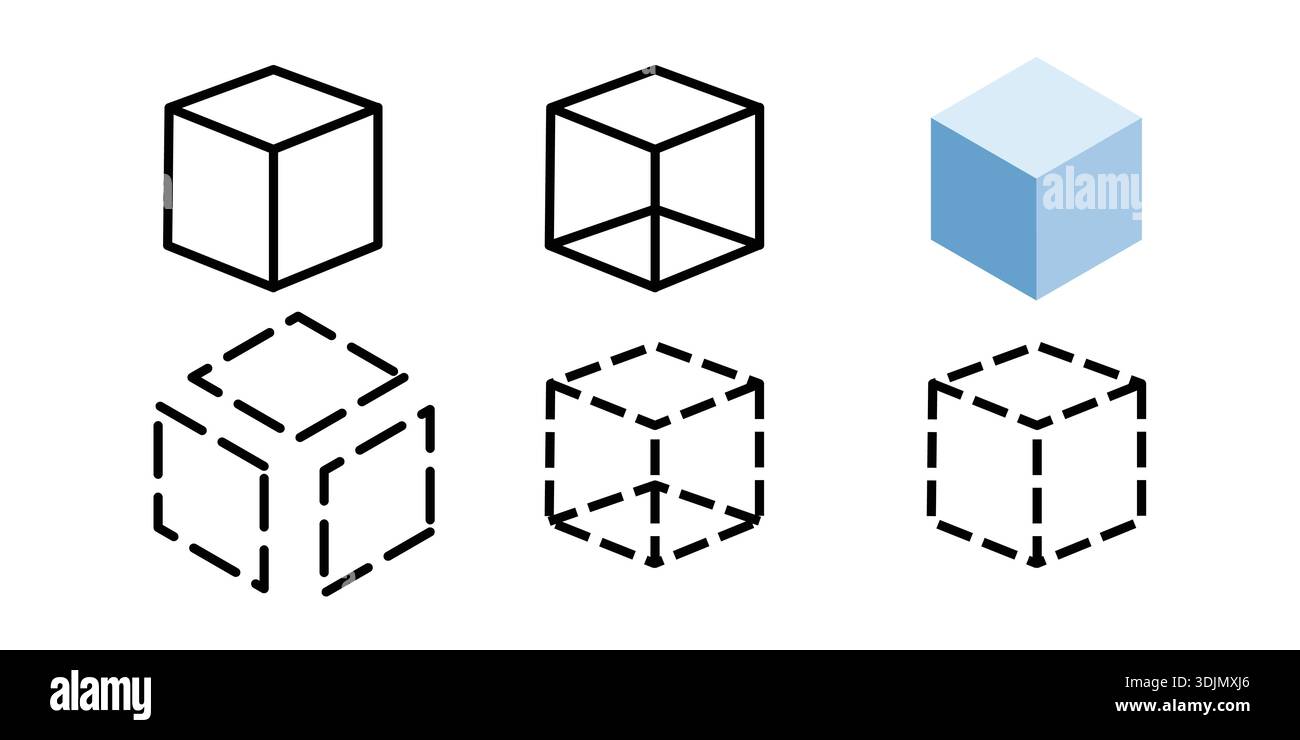 Isometric Cube Shapes With Solid, Shaded, And Wireframe Versions For Design Projects. Stock Vector
