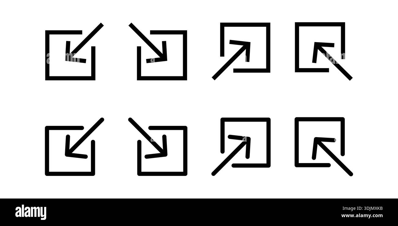 Open In New Window Icons Set With External Link Arrows Inside Square Frames. Stock Vector
