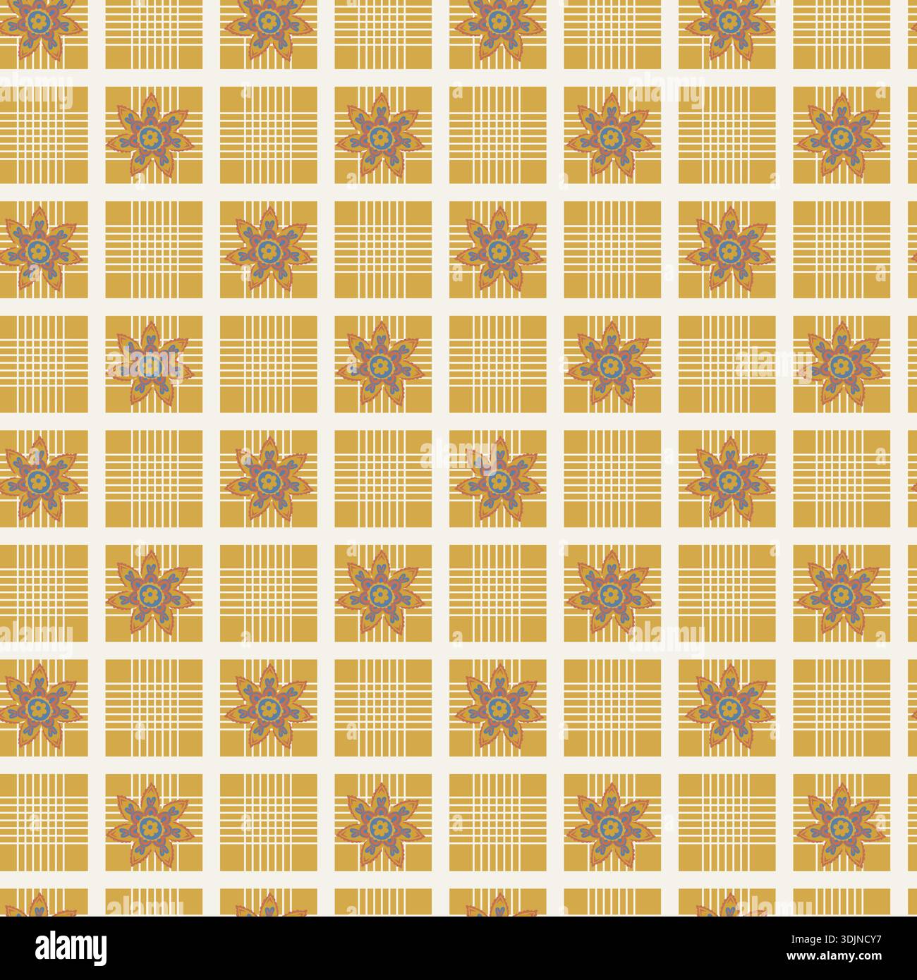 Geometric Plaid Floral Tile Grid Print Stock Vector