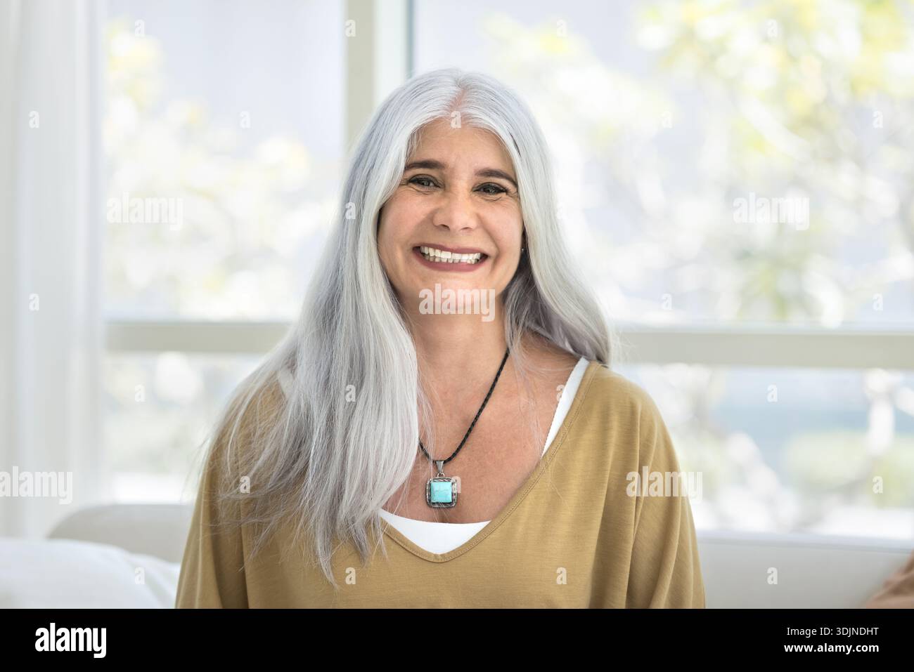 Headshot portrait of middle-aged woman with long gray hair Stock Photo