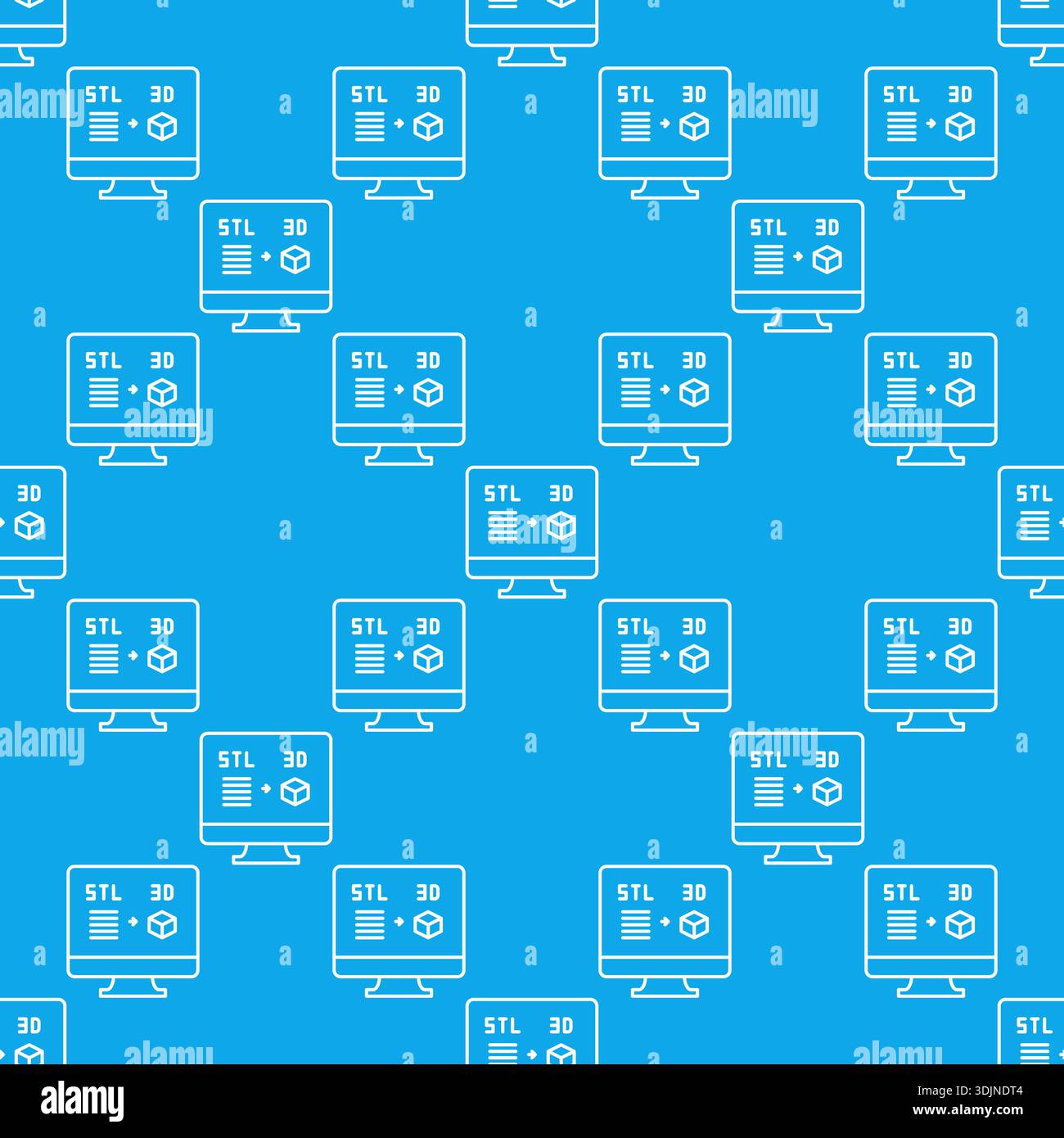 Computer Screen with STL and Cube vector Additive Manufacturing Technology concept seamless pattern in outline style Stock Vector