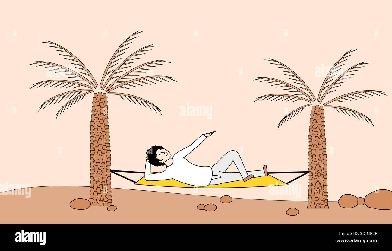 Man is laying on a hammock between two palm trees. scene is peaceful and relaxing, with the man enjoying the shade of the palm trees Stock Vector