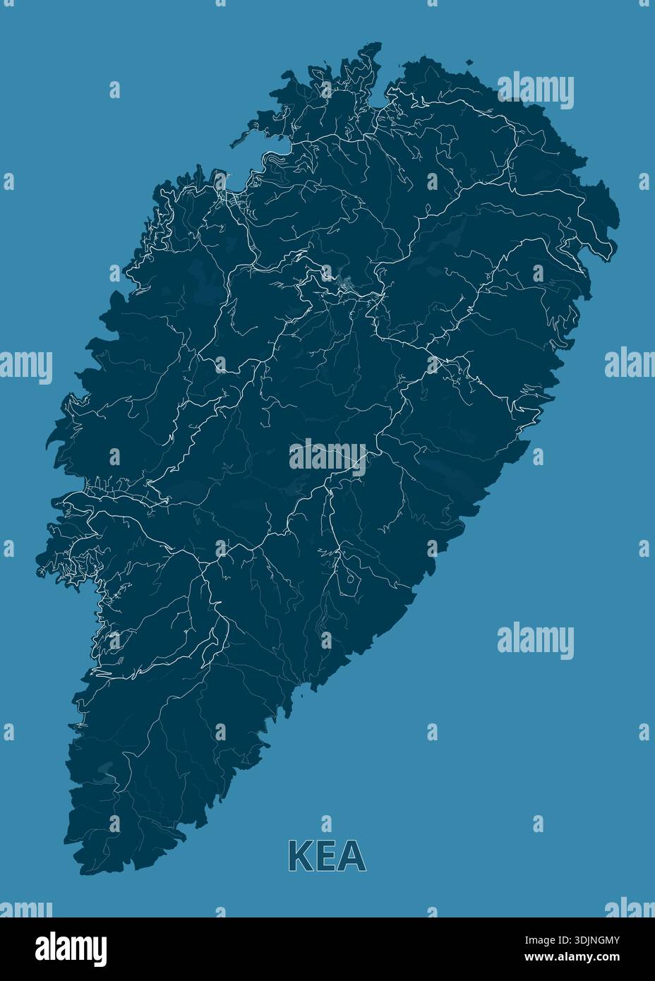 Keea Map Map of Kea Island, rendered in shades of blue. The island's topography ...