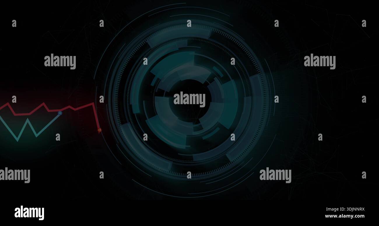 Glowing large circular HUD rotating in dark digital backdrop, with jagged waveform and red node Stock Photo
