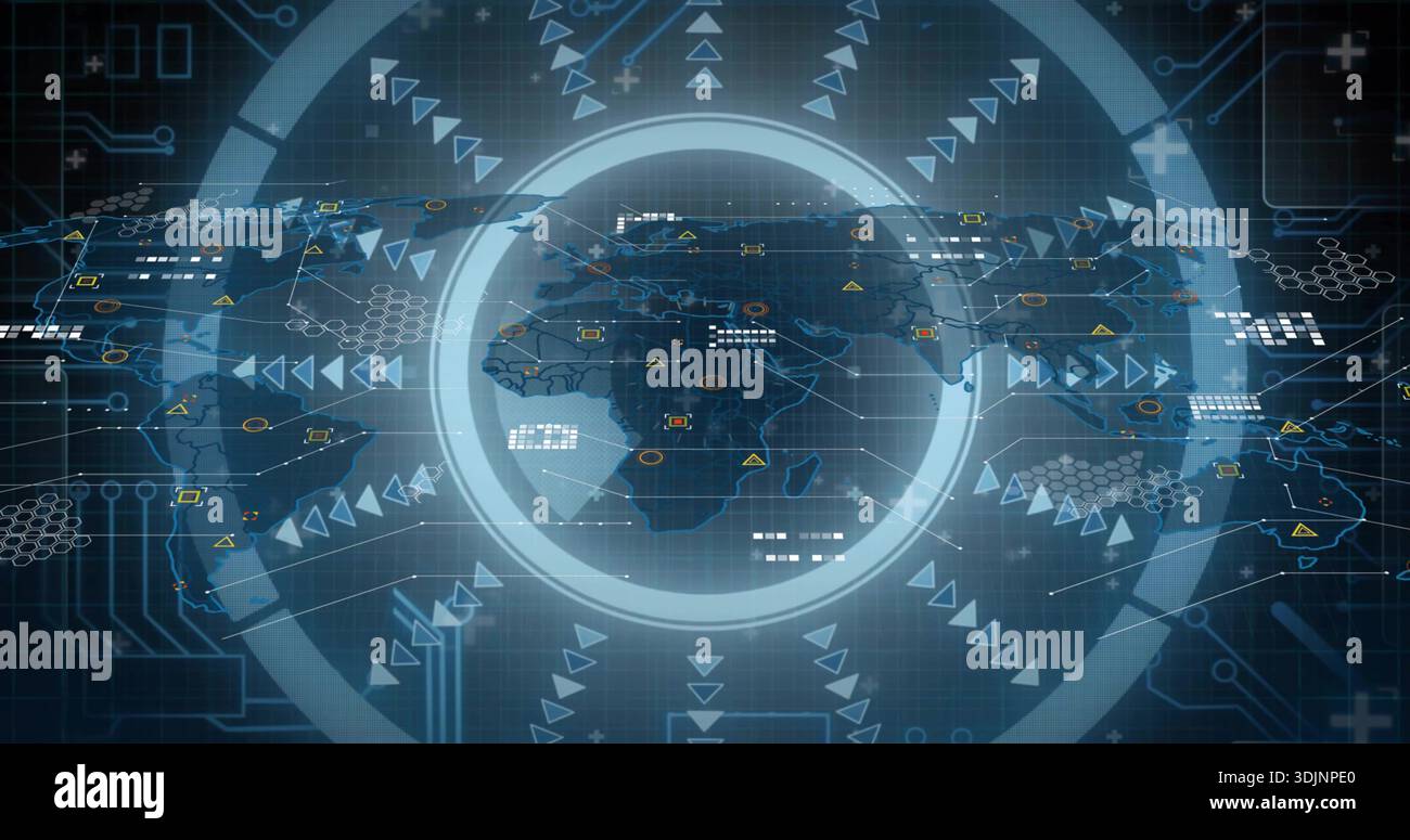 Displaying central stylized globe and HUD pulsing across command dashboard, with network nodes Stock Photo