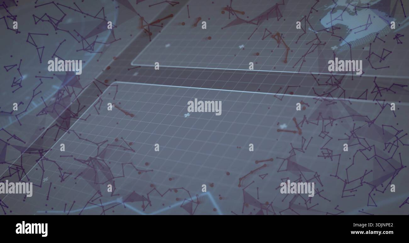Projecting gridded holographic panel hovering over tabletop, showing guide lines, node mesh, ring Stock Photo