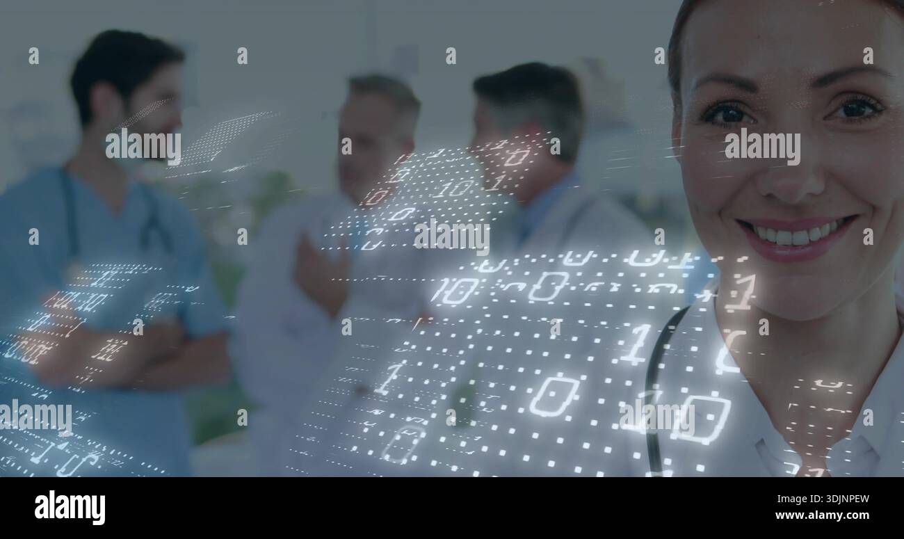 Smiling woman doctor standing in clinic wearing lab coat and ...