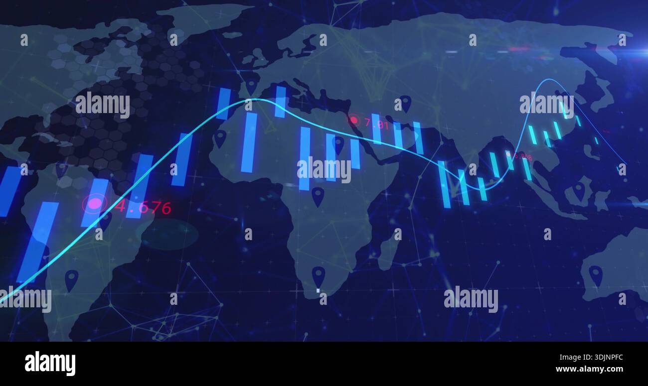 Displaying cyan line graph with blue candlesticks overlaying virtual dashboard map, showing nodes Stock Photo