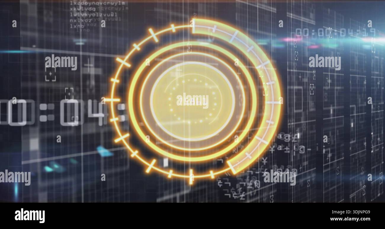 Displaying centered golden HUD pulsing on virtual display, showing numeric core, left timer, code Stock Photo