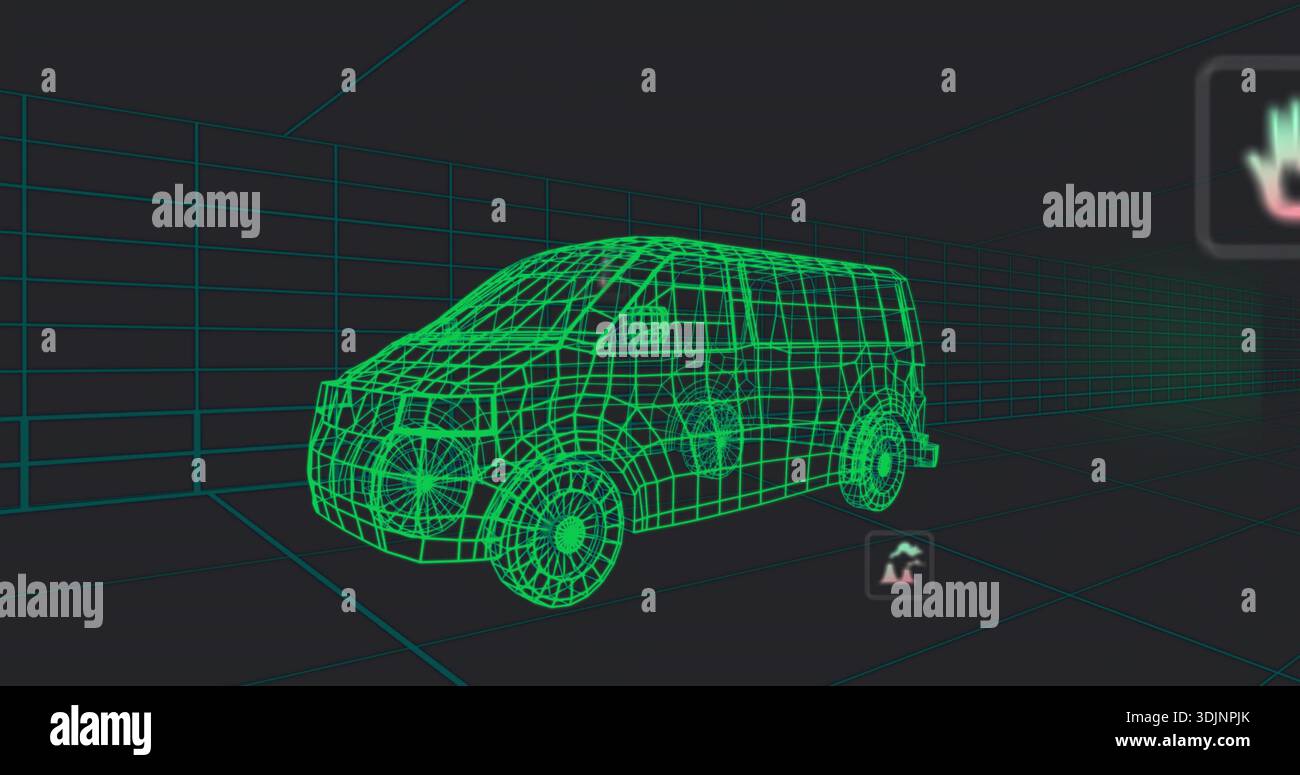 Displaying neon-green wireframe van model resting on perspective grid floor, with two UI icons Stock Photo
