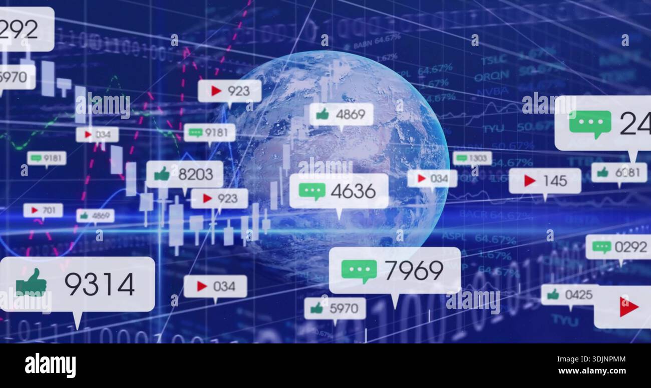 Rotating Earth globe showing analytics in dashboard, with candlesticks, chat bubbles, numeric tags Stock Photo