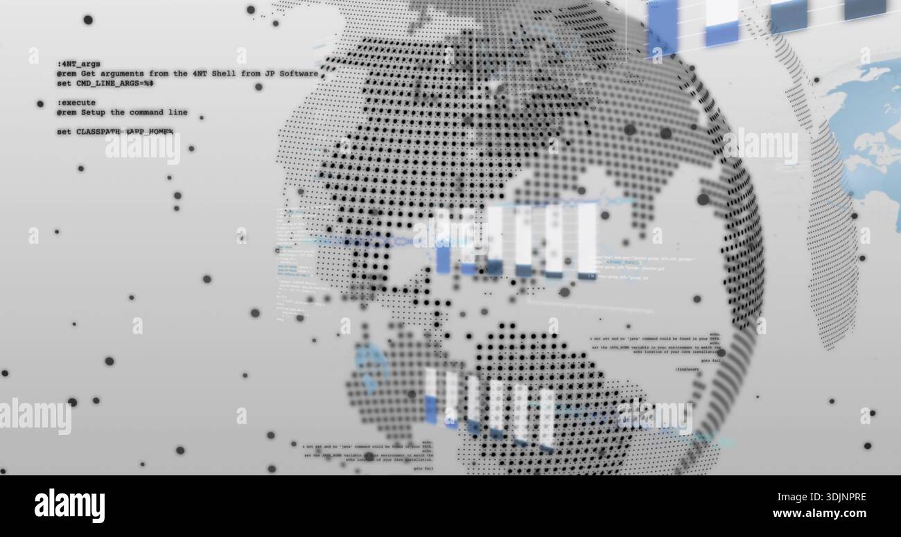Dominating halftone dotted globe displaying bar charts, code blocks in digital dashboard, with dots Stock Photo