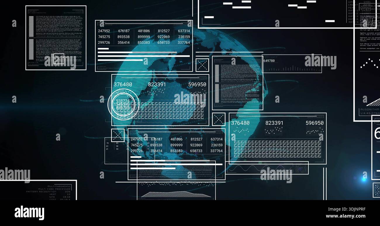 Rotating stylized cyan 3D globe displaying floating HUD panels over dark void, numeric readouts Stock Photo