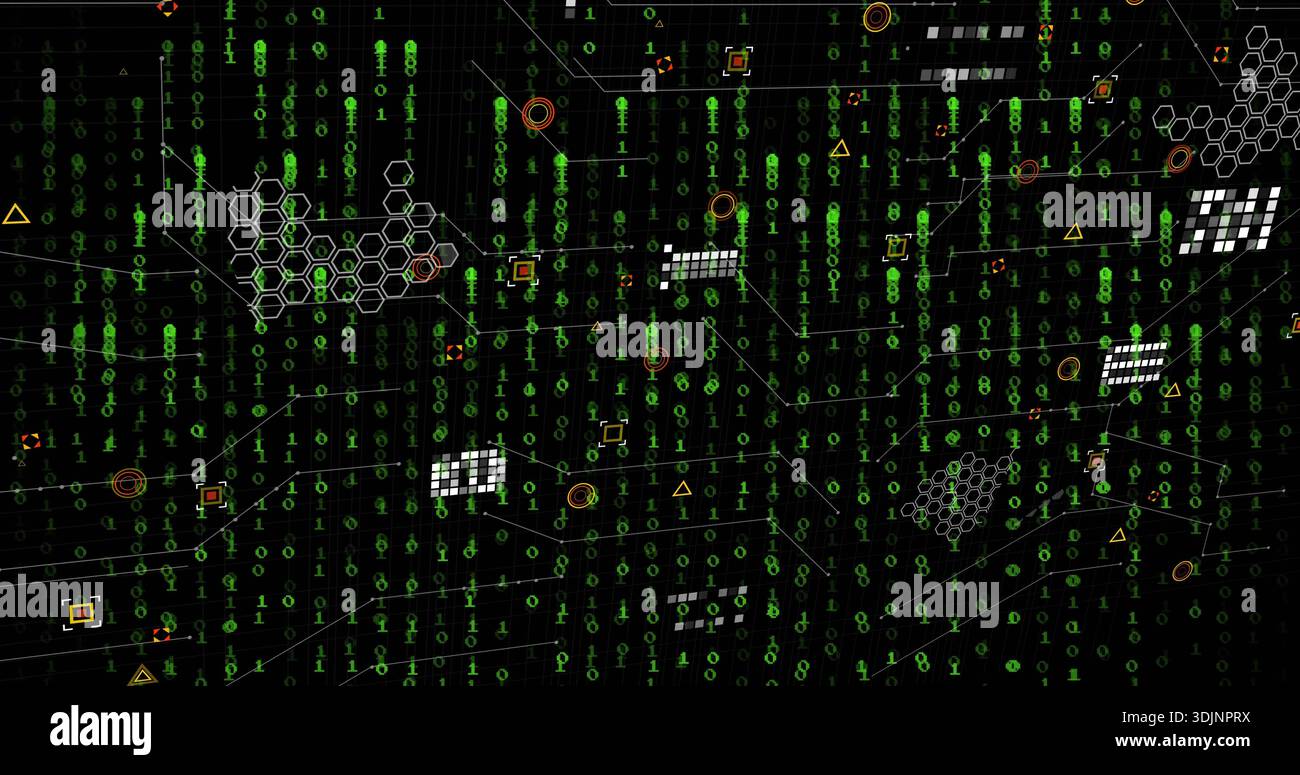Displaying abstract network map in virtual interface, showing green binary digits, orange nodes Stock Photo