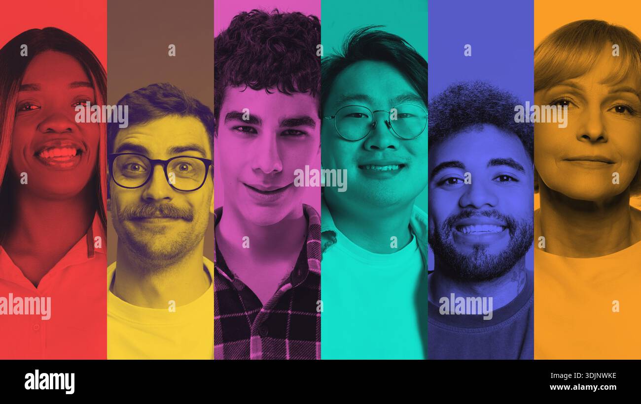 Inclusive collage diverse people portraits in vibrant color panels ...