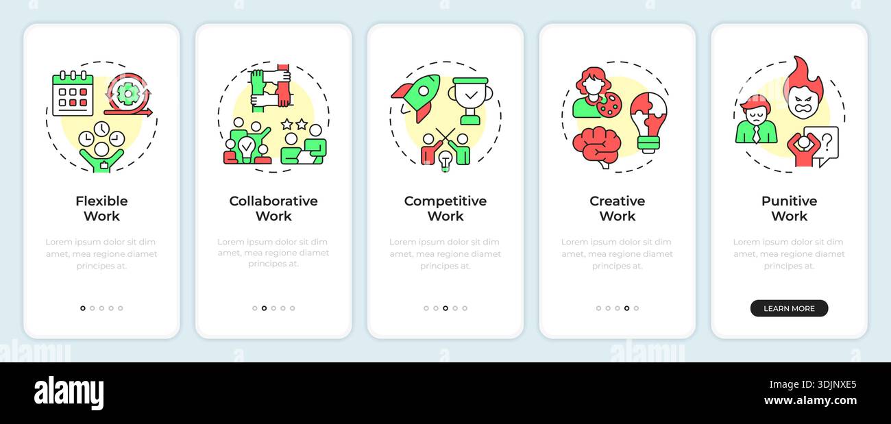 Types of work environment onboarding mobile app screen Stock Vector