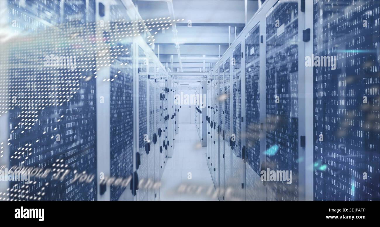Glowing central server racks bathing data center corridor with LED ...