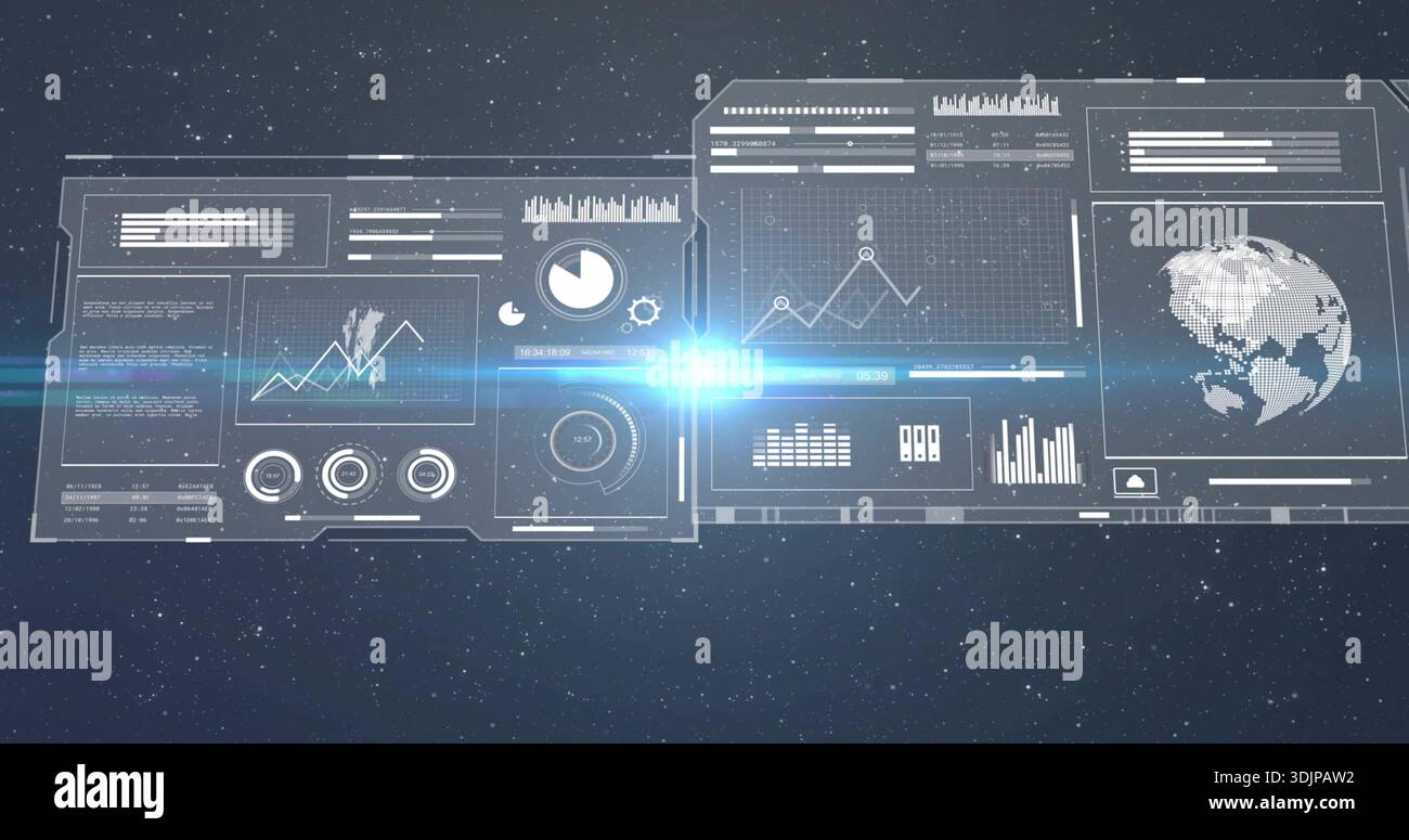 Displaying transparent HUD panels floating across space, showing line ...