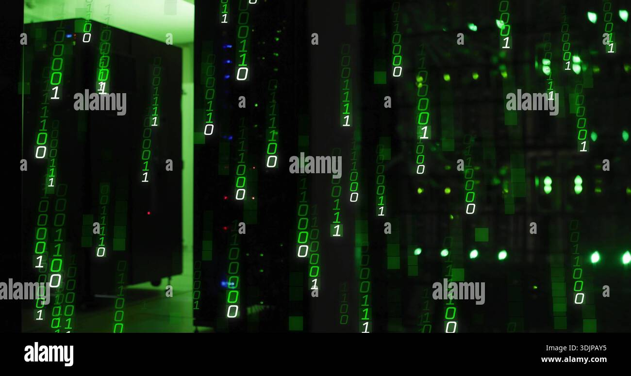 Glowing rack cabinets casting green light over tiled data center floor with binary overlay, LEDs Stock Photo