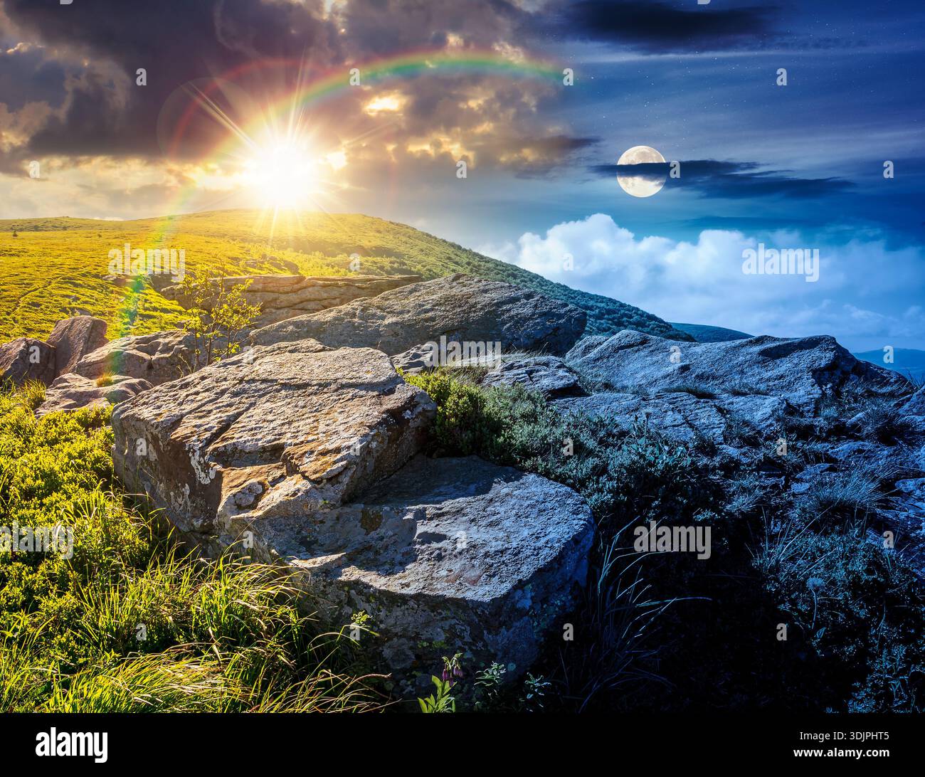 mountain landscape on summer solstice. day and night time change concept. green grass and rocks on hillside with sun and moon at twilight. beautiful v Stock Photo
