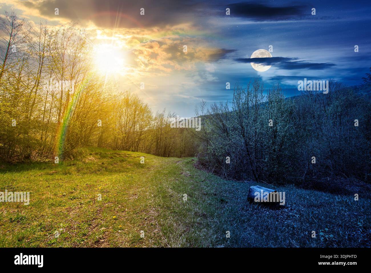 mountain landscape with green grass on forest glade in spring. day and night time change concept. beautiful nature scenery with beech trees under sky Stock Photo
