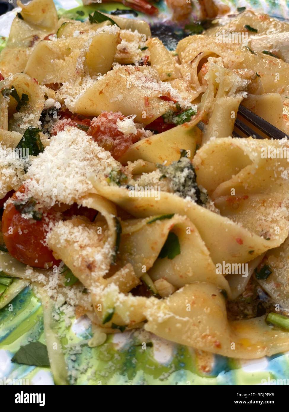 Steaming plate of linguine pasta tossed in spicy tomato sauce with fresh herbs and grated parmesan cheese - Smartphone Captured Stock Image