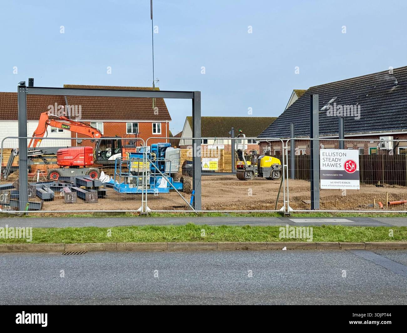 Kesgrave, Suffolk - 28 January 2026: Construction of a new Co Op supermarket in progess in the Grange Farm area. Vertical girders in place. - Smartphone Captured Stock Image