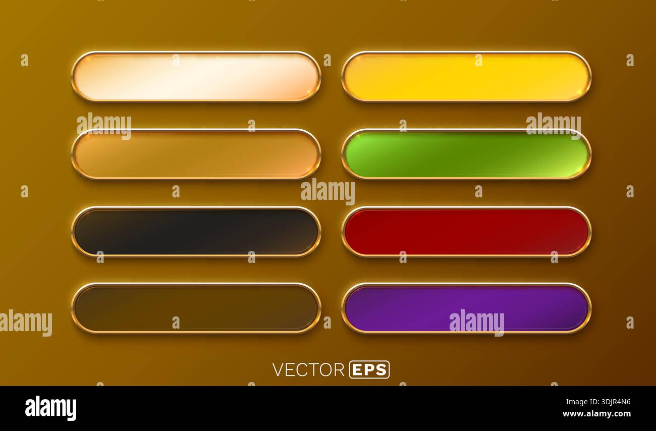 Web buttons set with golden frames on a dark background. Elegant UI call to action elements. Vector illustration Stock Vector