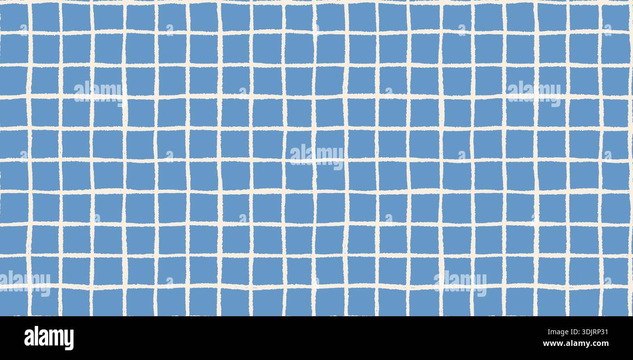 Cute blue windowpane check seamless vector pattern, irregular painted plaid with wavy textured lines Stock Vector