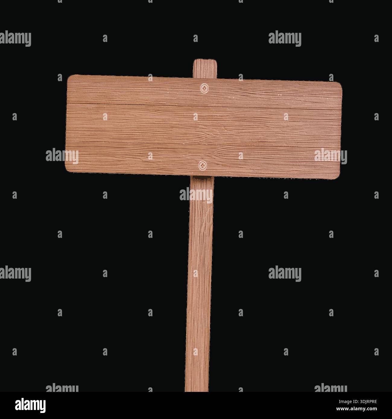 The image depicts a simple wooden signpost with two blank rectangular ...