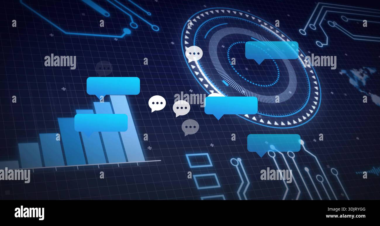 Displaying centered blue chat bubbles and white ellipsis hovering on dark grid panel, HUD bar chart Stock Photo