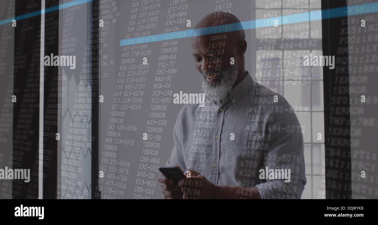 Holding phone, senior man in light shirt checking screen at office window glass with ERROR code Stock Photo