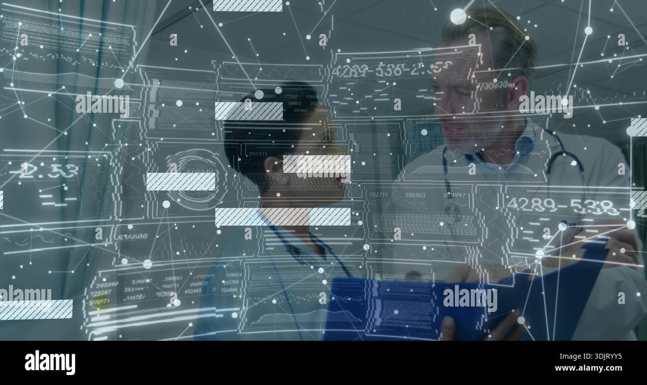Talking doctors in white coats with stethoscopes holding blue folder in corridor with AR overlay Stock Photo