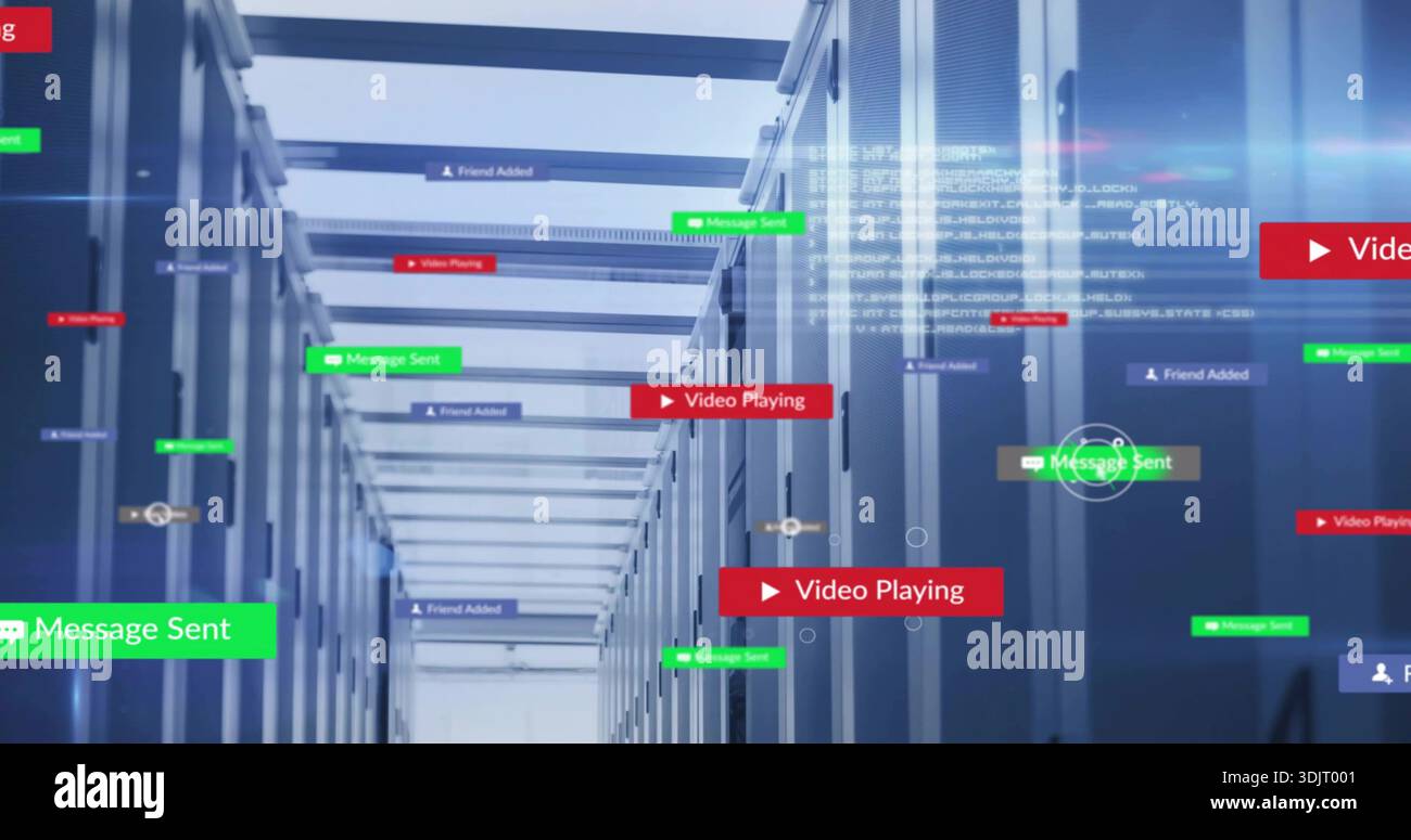 Displaying server racks in data center, streaming code and floating colored badges with LEDs Stock Photo