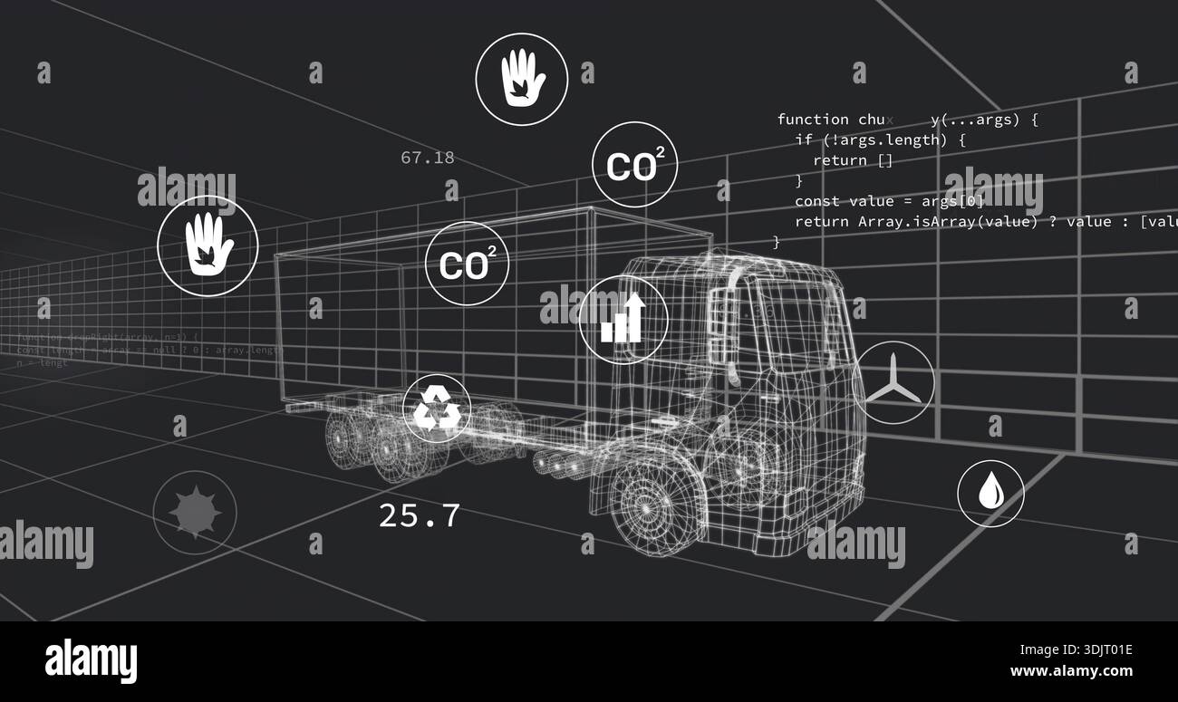 Displaying wireframe semi-truck and trailer in virtual grid, showing CO2, code, numeric readouts Stock Photo