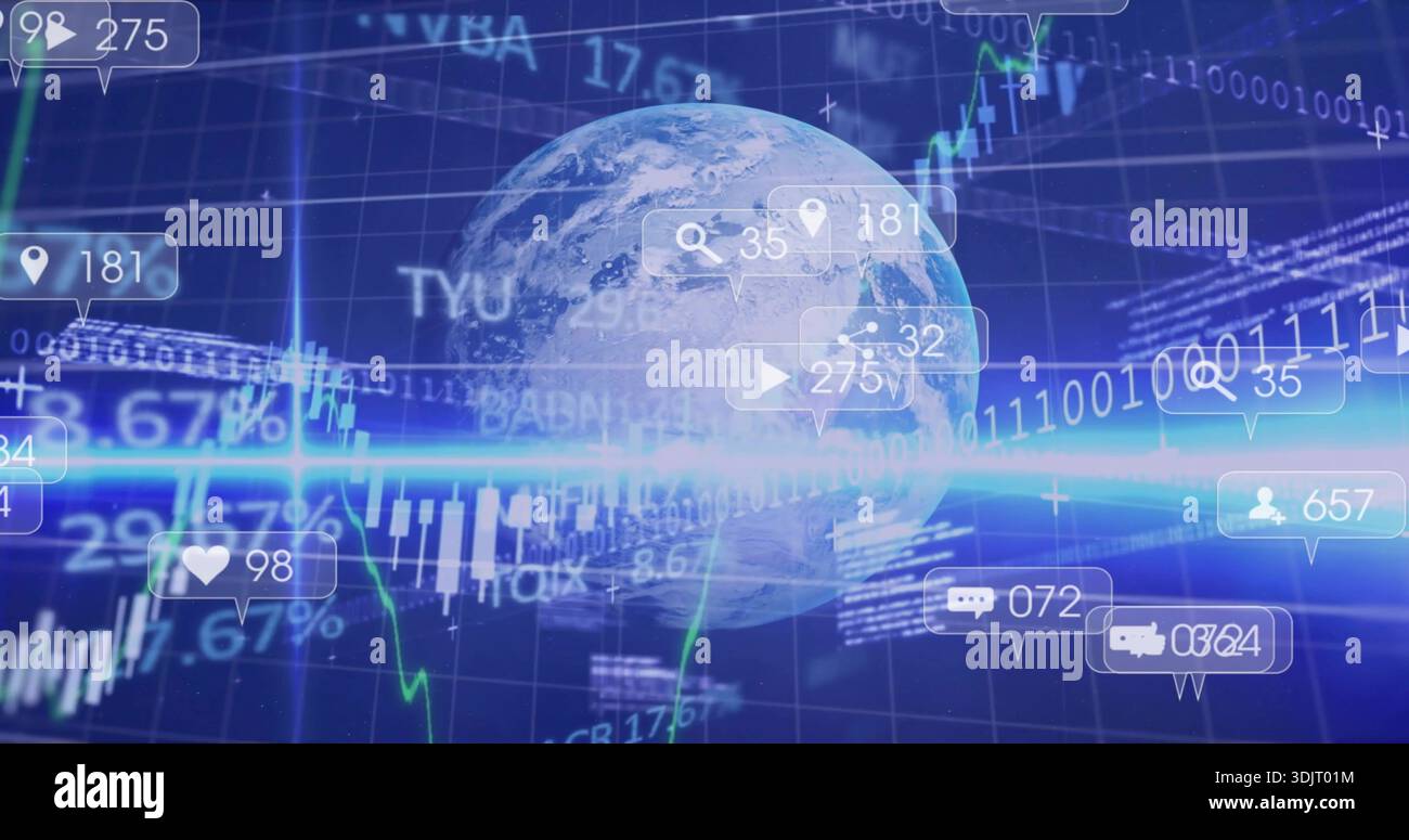 Displaying translucent Earth globe linking market data on blue grid, with candlestick bars Stock Photo