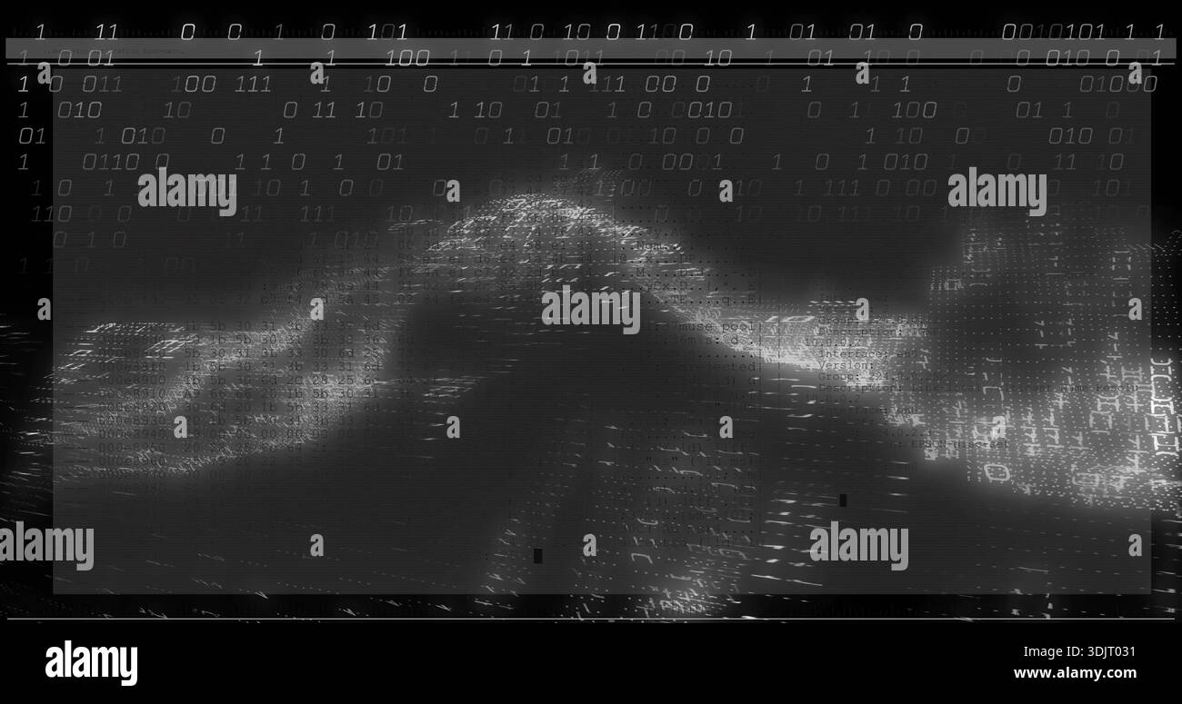 Displaying glowing data ridge forming from binary digits in digital overlay, with ruler, scanlines Stock Photo