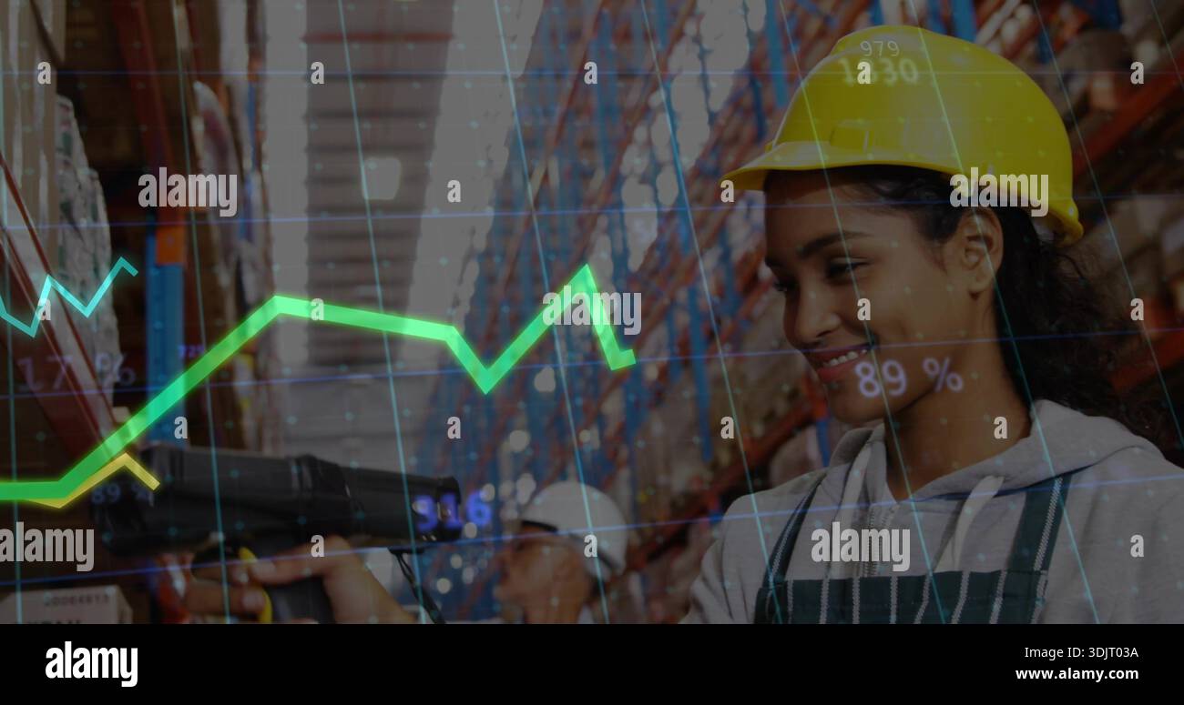 Scanning worker wearing yellow hard hat, apron using scanner in warehouse, data overlay, copy space Stock Photo