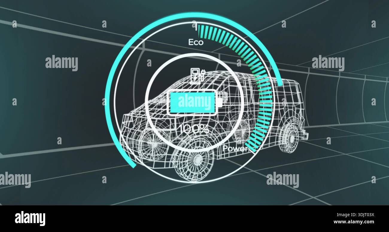 Showing wireframe compact SUV-style vehicle centered in virtual tunnel, displaying 100% battery HUD Stock Photo