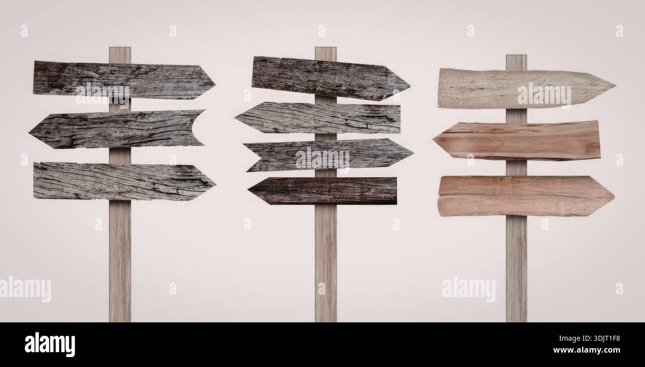 Sign Posts Many Types The image features three rustic wooden signposts, each with multiple ...