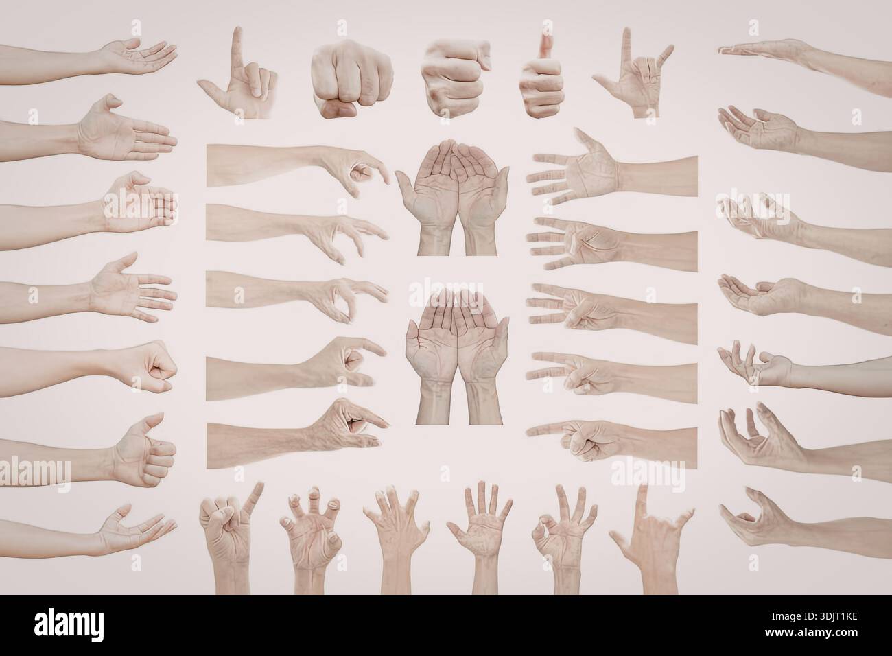 This image displays a collection of various hand gestures against a ...