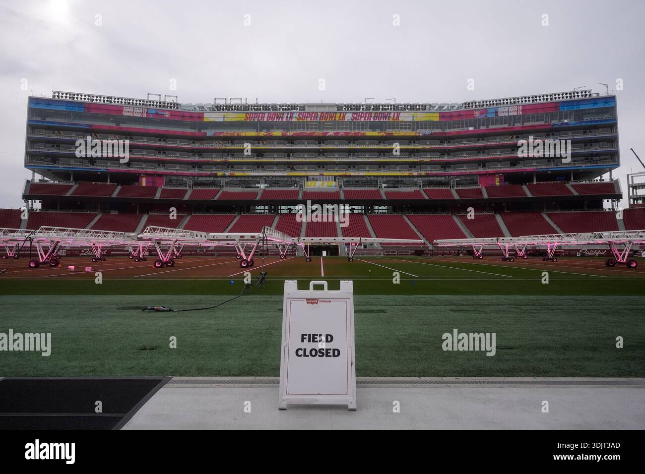 Signs for Super Bowl LX are displayed on the SAP Tower at Levi's ...