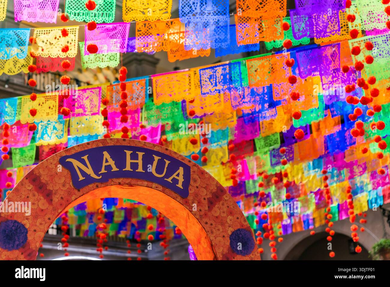 Altars, offerings, skeletons and decorations during the Day of the Dead celebration in Mexico. Stock Photo