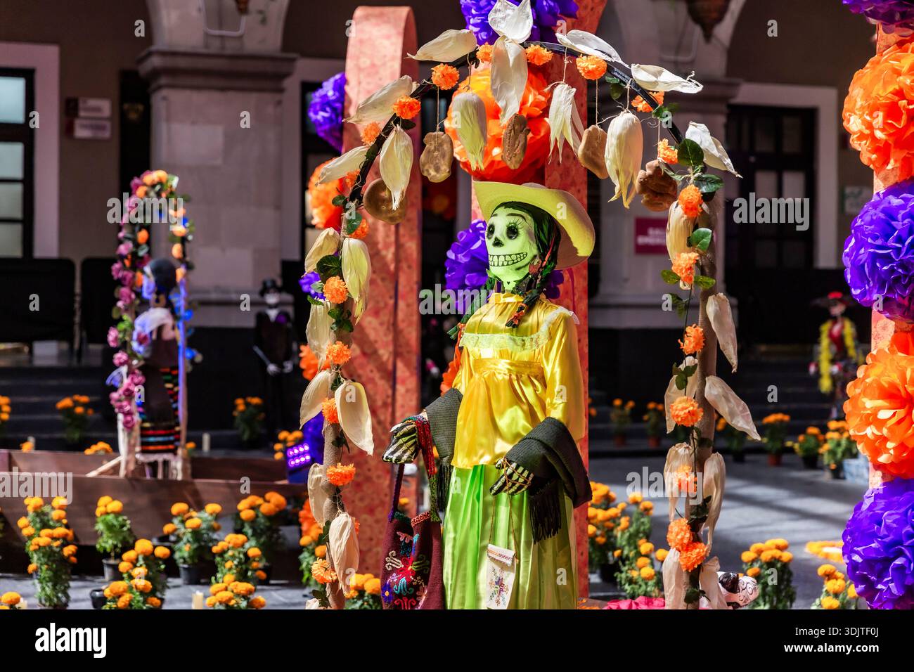 Altars, offerings, skeletons and decorations during the Day of the Dead celebration in Mexico. Stock Photo