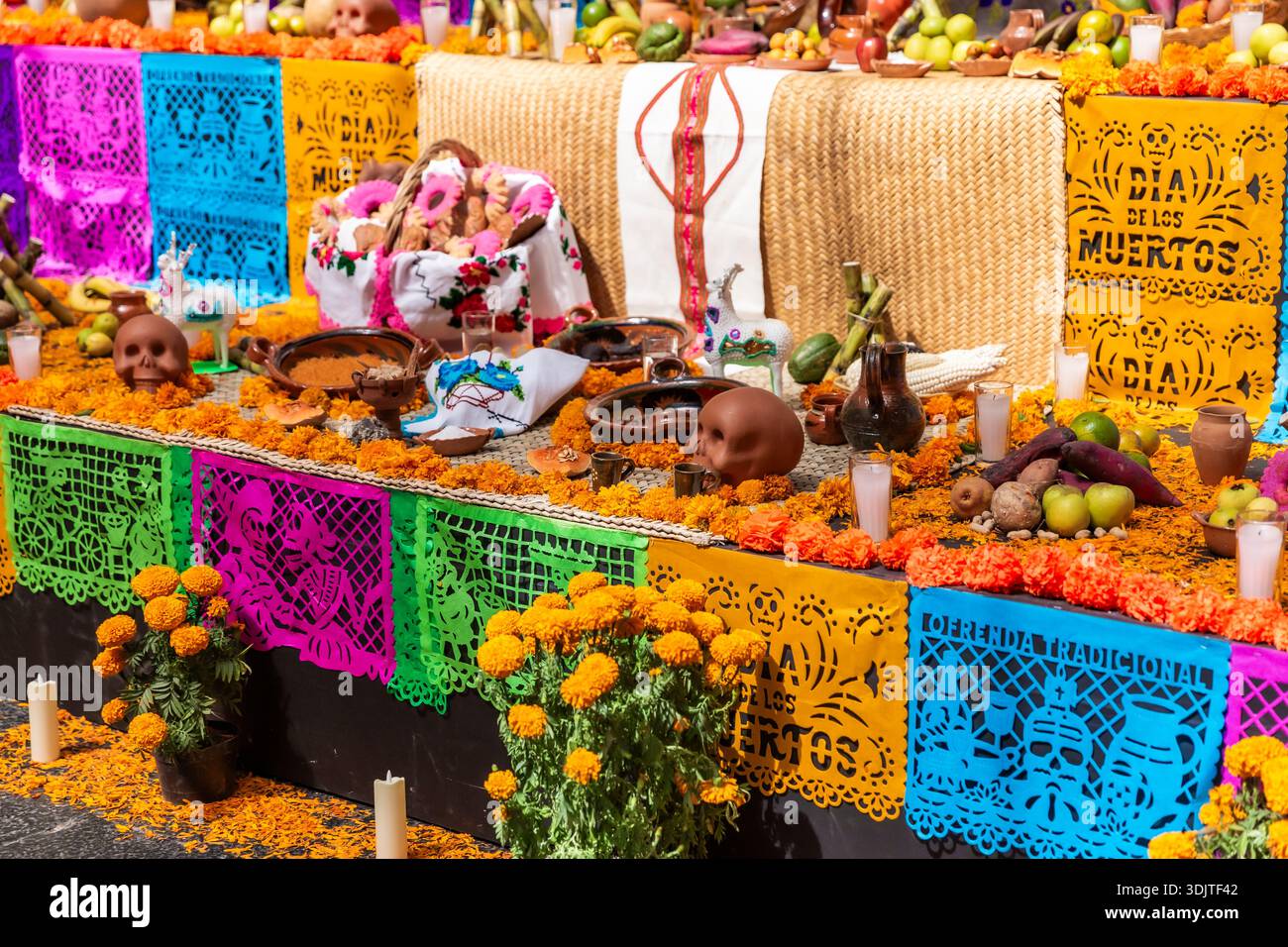 Altars, offerings, skeletons and decorations during the Day of the Dead celebration in Mexico. Stock Photo